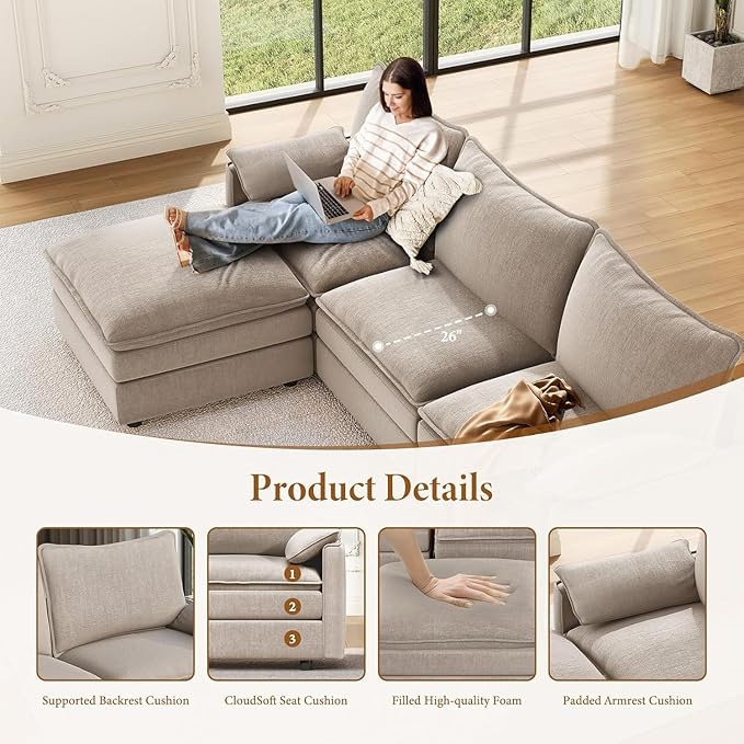 Vesgantti Large Modular Sectional Sofa, Big Comfy Cloud Couch with Ottoman, Chenille Deep Seat Cloud Sofa, 9 Seater Large Sectional Couches for Living Room, Bedroom, Apartment, Light Brown
