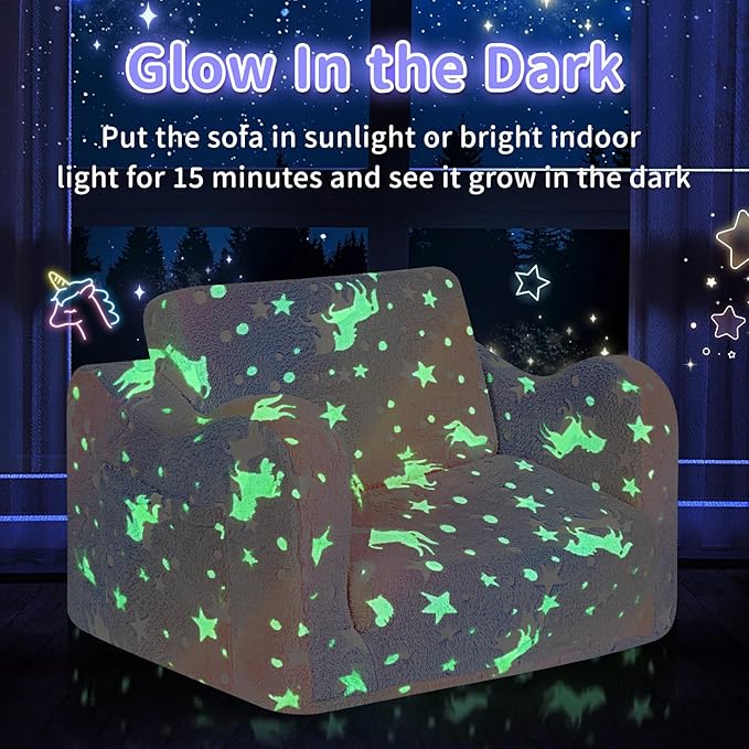 Kids Couch for Toddlers, 2-in-1 Kids Sofa Chair Glow in The Dark, Comfy Soft Foldable Toddler Couch Chair for Girls and Boys