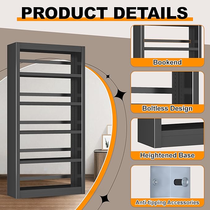69" Metal Bookcase, 5 Tier Bookshelf with Adjustable Shelves, Heavy-Duty Steel Storage Shelves for Living Room, Home Office, Library, or Bedroom, Black
