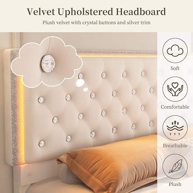 Queen LED Bed Frame with 2 Drawers, Storage Platform Beds with Upholstered Crystal Button Tufted Headboard Footboard, 2 Side Pockets, No Box Spring Needed, Velvet Cream