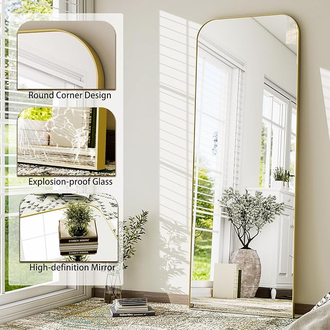 HARRITPURE 57"x20" Full Length Mirror Full Body Mirror Top Rounded Corner Aluminum Frame Hanging or Leaning Wall Floor Mirror with Stand for Living Room Bedroom Cloakroom,Gold