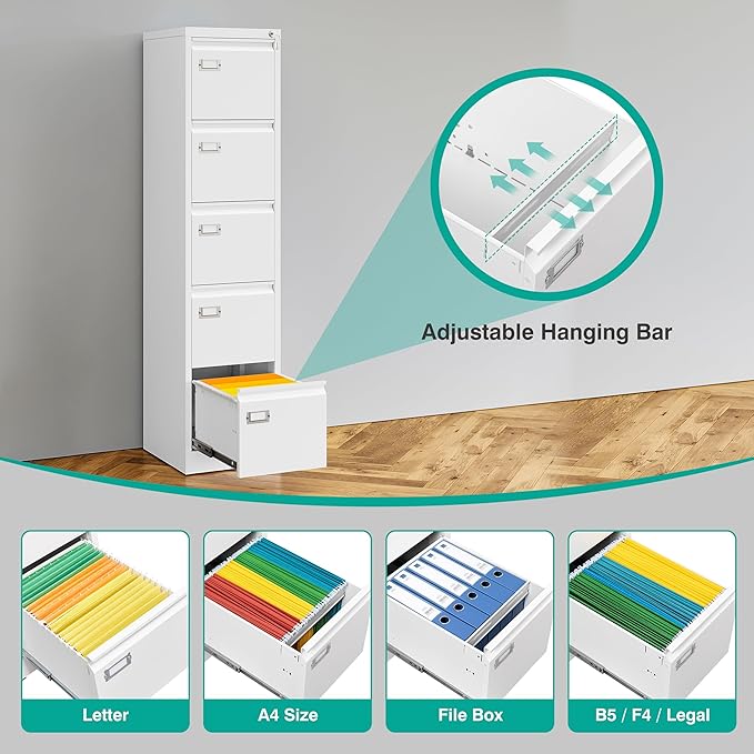 SISESOL 5 Drawer File Cabinet with Lock,Tall Vertical File Cabinet Five Drawer,15" Narrow Office Filing Cabinets,White Metal File Cabinets for Home Office,Fit A4,Legal,Letter Size,-Assembly Required