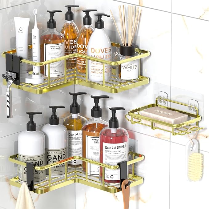 YASONIC Corner Shower Caddy Organizer, 3-Pack Self-Adhesive Rustproof Bath Shelves with Soap Holder & 4 Hooks, Large Capacity Shower Storage Rack for Bathroom Organization, Gold