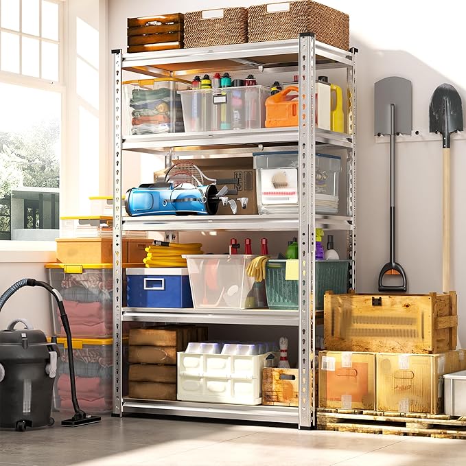 REIBII Storage Shelves 2020LBS Garage Shelving Heavy Duty 5 Tier Metal Shelving Adjustable Pantry Shelves for Kitchen Warehouse Basement 28" W x 12" D x 59.8" H, Silver