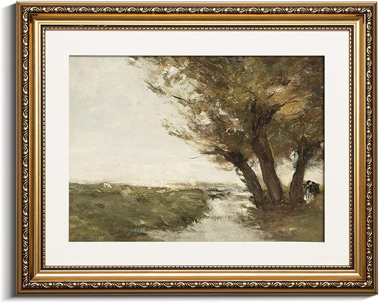 VIYYIEA Gold Framed Wall Art Canvas Print Home Decor Vintage Countryside Road Wall Pictures Aesthetic Room Decor Landscape Oil Painting Prints Wall Decor for Living Room Office Bedroom 13x16in