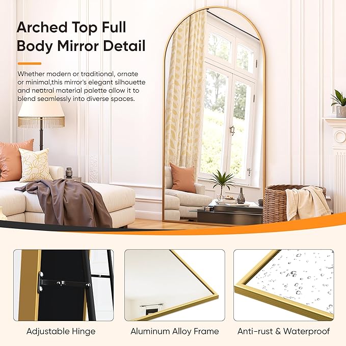 Suidia Full Length Mirror, 58"x22" Floor Standing Mirror Freestanding, Full Body Mirrors with Stand for Bedroom, Hanging Mounted for Living Room Cloakroom, Gold, Arched Style