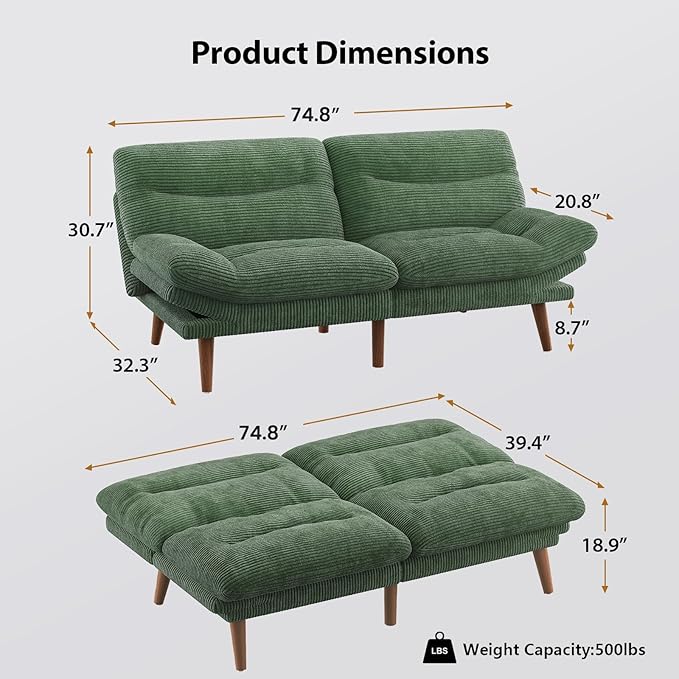 Pipishell Futon Sofa Bed, 73" Convertible Futon Couch, Adjustable Backrest & Armrests, Corduroy Recliner Sleeper Sofa for Small Spaces, Living Room, Office, Guest Room (Green, 73 Inch)