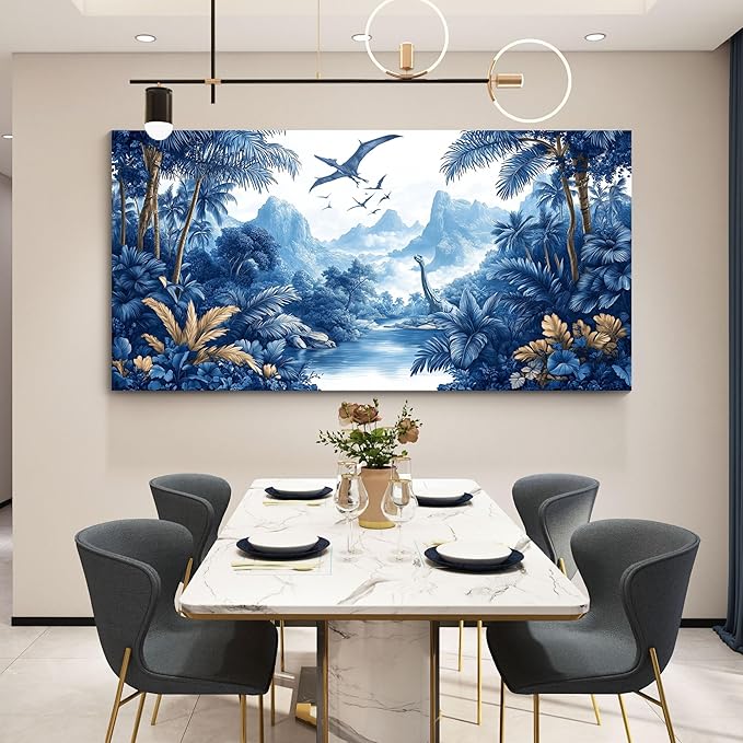 HKDGOKA Jurassic Dinosaurs Wall Art, Large Mountains Tree Landscape Wall Painting Blue Forest Canvas Print Artwork for Boy Bedroom Living Room Classroom Cool Modern Home Decor 29x58 IN