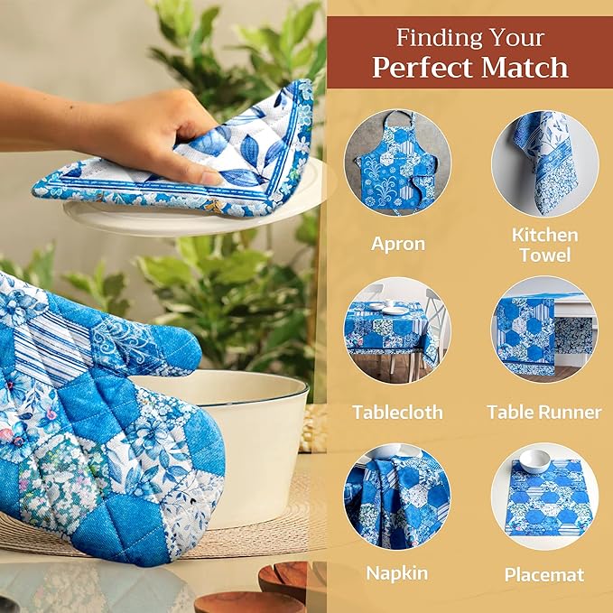 Maison d' Hermine 100% Cotton Oven Mitt & Pot Holder Set (7.5"x13" & 8"x8") Heat Resistant BBQ Cooking Gloves with Loop, Baking, Grilling, Kitchen, Handling Hot Pans Spring/Summer (Summer Blues)