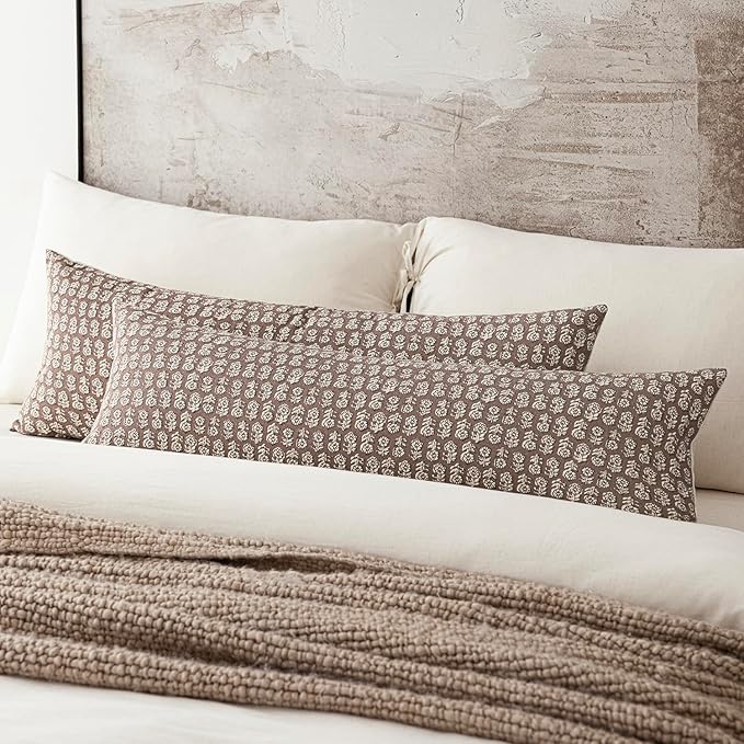 Foindtower Set of 2 Decorative Floral Long Body Lumbar Throw Pillow Covers Vintage Accent Farmhouse Cushion Covers Neutral Home Decor for Sofa Couch Chair Bedroom Living Room Outdoor,14×36 Inch,Brown