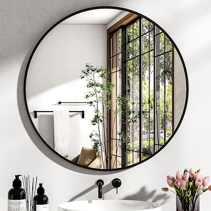 36 Inch Round Mirror - Circle Mirrors for Bathroom, Entryway and Living Room Wall Decor, Modern Hanging Vanity Mirror, Matte Black Circle Decorative Wall Mirror