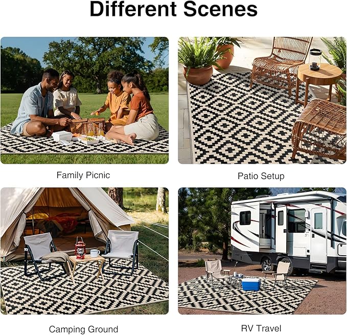 OLANLY Waterproof Outdoor Rug 4x6 ft, Outdoor Plastic Straw Rug for Camping, RV Mat Outside, Outdoor Carpet for Porch, Deck, Backyard, Balcony, Picnic, Black & Beige