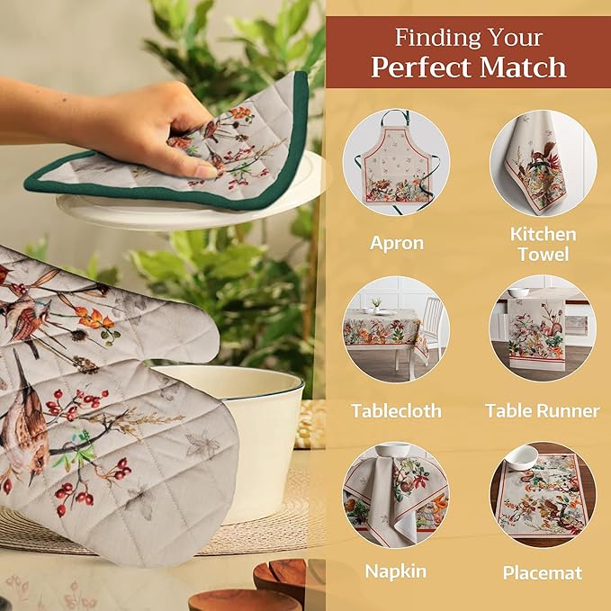 Maison d' Hermine 100% Cotton Oven Mitt & Pot Holder Set (7.5"x13" & 8"x8") Heat Resistant BBQ Cooking Gloves with Loop for Thanksgiving Christmas Decorations Handling Hot Pans (Recolte)