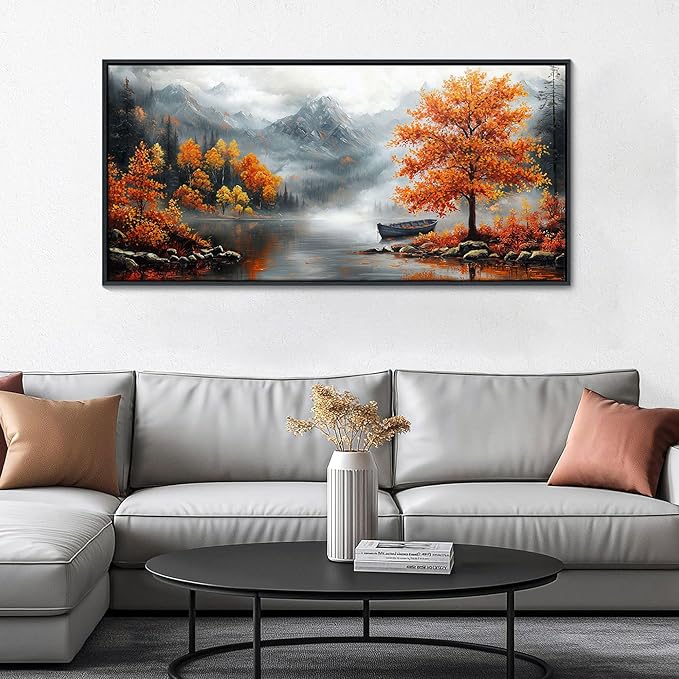 JEAWA Large Framed Canvas Painting - 24x48 IN Landscape Wall Decor Ready to Hang, Majestic Mountain Picture, Orange Trees by the Lake Art Prints for Bedroom Living Room Home Decoration