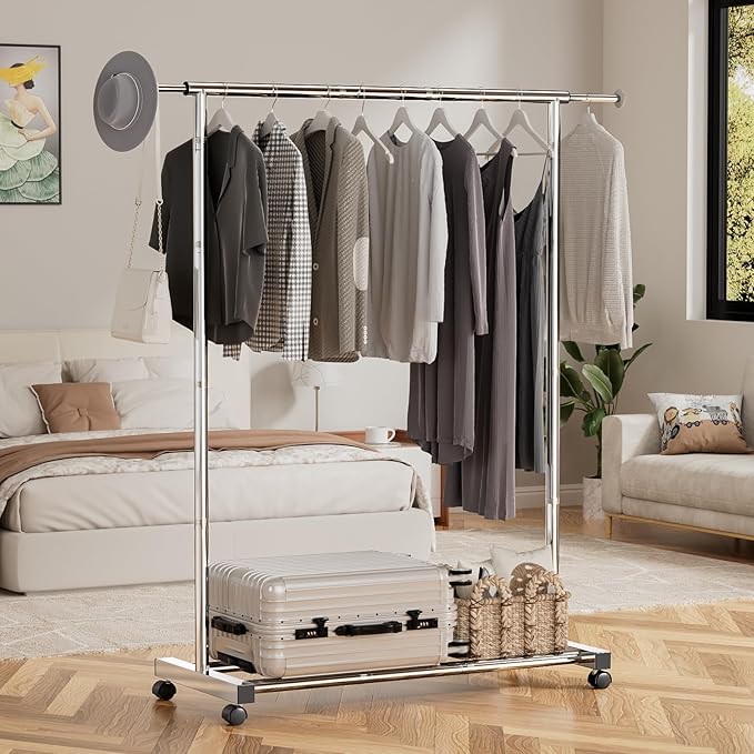 Clothing Rack for Hanging Clothes, Stainless Steels Rolling Clothes Rack, Coat Rack, Garment Rack, Portable Closet Rack, Free Standing Clothes Rack with Wheels, Adjustable Length