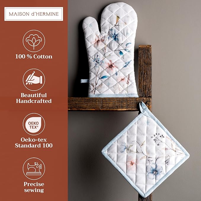 Maison d' Hermine 100% Cotton Oven Mitt & Pot Holder Set (7.5"x13" & 8"x8") Heat Resistant BBQ Cooking Gloves with Loop for Thanksgiving Christmas Decorations Handling Hot Pans (Ice Florals)