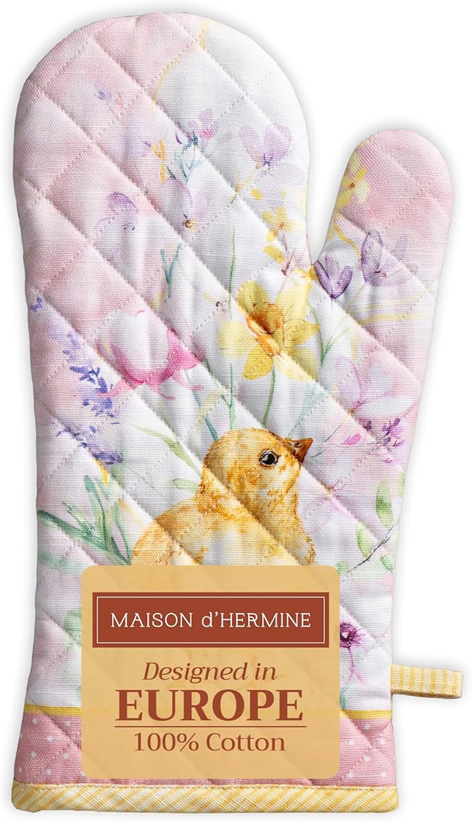Maison d' Hermine Oven Gloves 100% Cotton Oven Mitt 7" x 13" with Loop Heat Resistant, BBQ, Cooking Gloves, Baking, Grilling, Kitchen, Handling Hot Pans Spring/Summer (Pack of 1, Easter Zest)