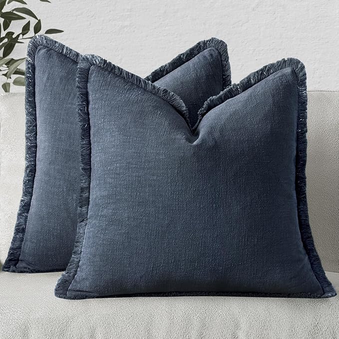 MIULEE Decorative Throw Pillow Covers Neutral Linen Fringe Throw Pillows Set of 2 Indigo Blue Boho Farmhouse Cushion Covers Coastal Decor for Couch Sofa Bed Living Room Spring Home Decor 20x20 Inch