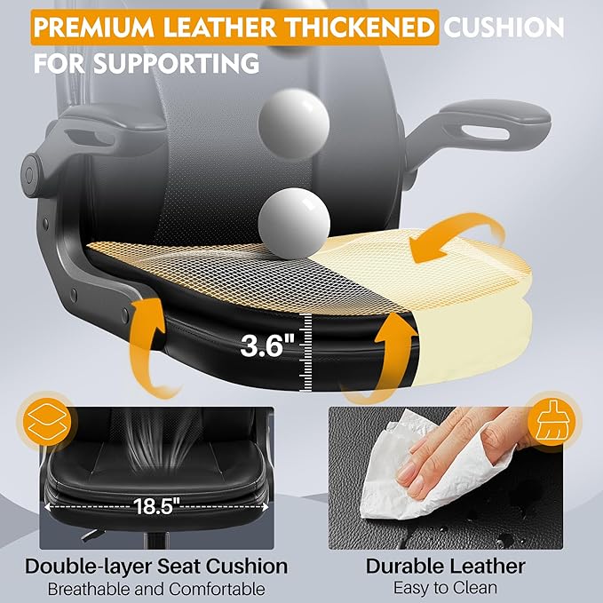 Office Chair Ergonomic Desk Chair - Premium Leather Executive Office Chairs with Lumbar Support Flip Up Armrests, Home Office Desk Chairs Computer Chair with Rocking Function Adjustable Height