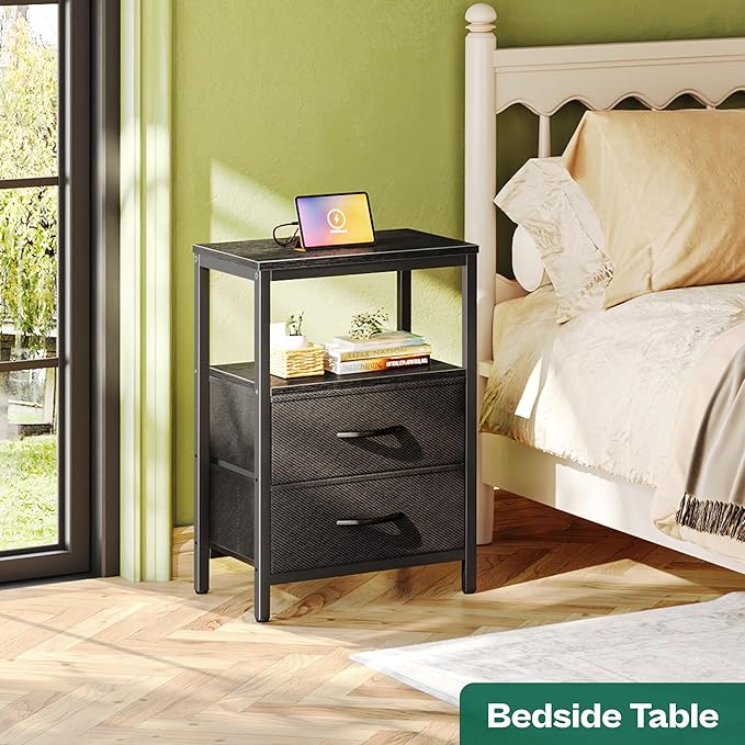 Huuger Nightstand with Charging Station, Side Table with Fabric Drawers, End Table with Open Shelf, Bedside Table with USB Ports and Outlets, Night Stand for Bedroom, Black