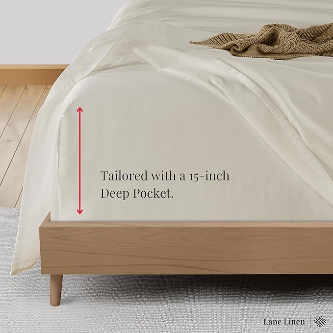 LANE LINEN 100% Cotton 600 TC Soft Twin Bedding Sheets & Pillowcases Set- Sateen Weave Fully Elasticized 15 inch Deep Pocket Twin Sheets, Hotely Like Think Natural Cooling Bedding- Ivory