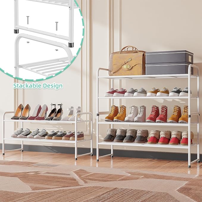 SUFAUY 2-Tier 33" Wide Shoe Rack, Closet Metal Shoe Rack Organizer Heavy Duty, Stackable, White