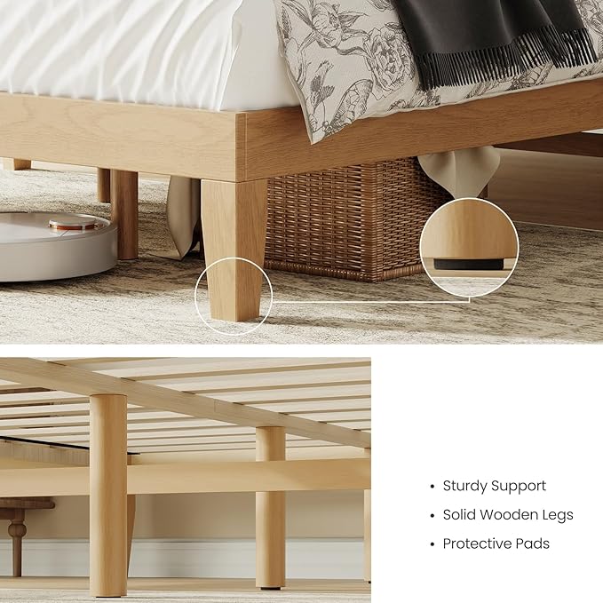 Queen Size Wood Platform Bed Frame, 12 Inch Solid Wood Bed Frame with Wooden Slats, No Box Spring Needed, Easy Assembly, Rustic Pine