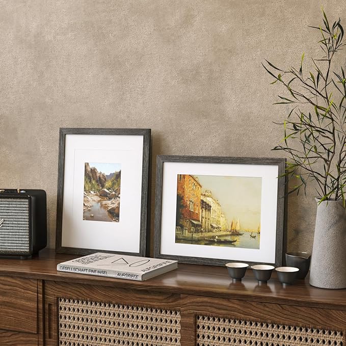 KINLINK 11x14 Picture Frame Ash Black, Solid Wood Frames with Acrylic Plexiglass for Pictures 5x7/8x10 with Mat or 11x14 without Mat, Tabletop and Wall Display, Set of 4