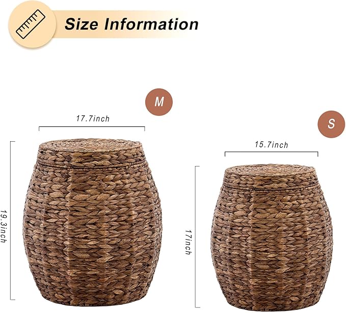 Round Wicker Basket with Lid, Handwoven Water Hyacinth Storage Basket, Blanket Organizer Basket for Laundry, Bathroom, Bedroom, Living Room, Office