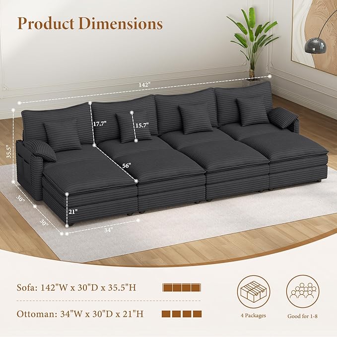 Vesgantti 142" Oversized Sectional Sofa Bed, 8-Seater Modular Sleeper Cloud Couch with Movable Ottoman, Corduroy Convertible Sofa Set Deep Seat Couches for Living Room, Bedroom and Apartment, Gray
