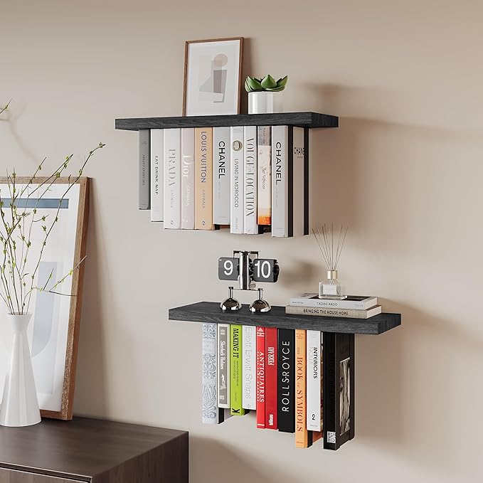 Floating Bookshelves for Wall, Rustic Wood Hanging Wall Bookshelf, Upside Down Book Shelf and Wall Mounted Bookshelves for Home Decor in Bedroom, Living Room, Black 2 Pack