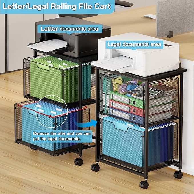 Letter/Legal Rolling File Cart with 2 Storage Drawers, Under Desk Storage, Vertical Filing Cabinet for Home Office, Hanging File Folders Organizer, Mobile Utility Cart Printer Stand, Black