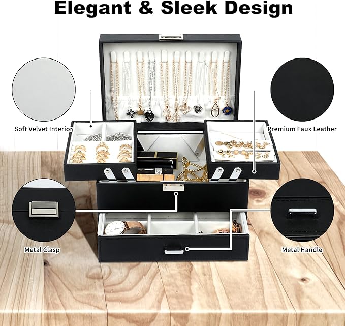 Dajasan Jewelry Boxes for Women Girls, Jewelry Organizer Box, 3 Layers Jewelry Storage Organizer for Earring, Ring, Necklace, Bracelets (Black)