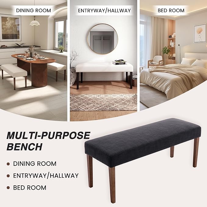 Farmhouse Upholstered Dining Bench Seat Set of 2, 45" Linen Entryway Bench with Natural Wood Legs, Mid Century Modern End of Bed Bench for Kitchen Bedroom Living Room Hallway, Charcoal