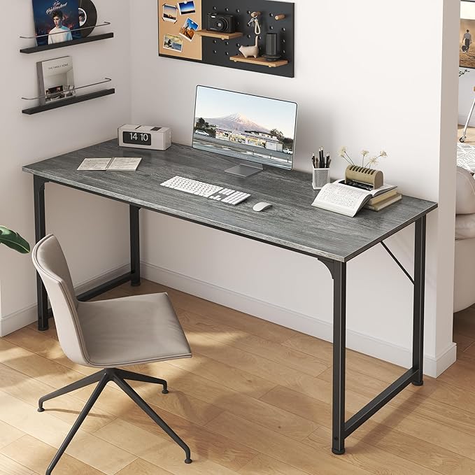 Huuger Computer Desk, 55 Inch Home Office Desk, Gaming Writing Work from Home Study Desk, Large Legroom, Sturdy Metal Frame, Modern Simple, Grey