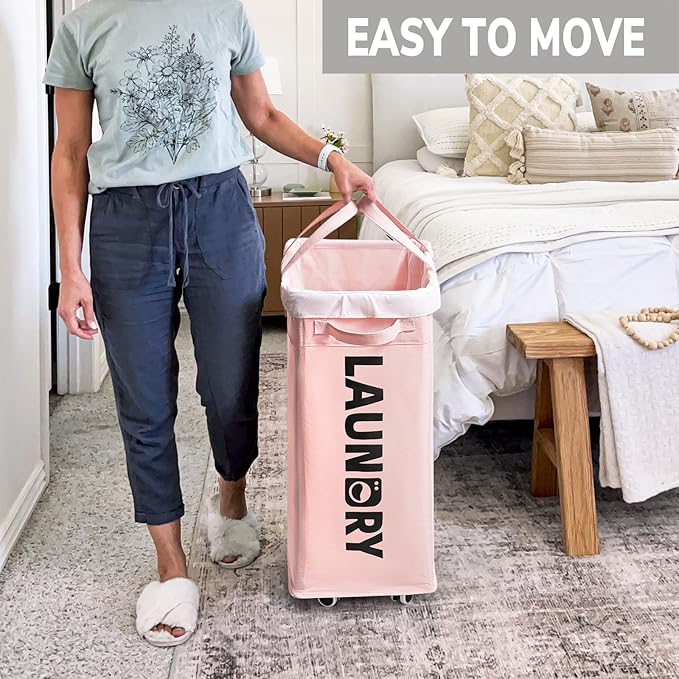 Goodpick Pink Laundry Baskets with Wheels 2-Pack, 75L Rolling Laundry Basket with Removable Wash Bags, Large Laundry Hamper for Corner Dorm, Collapsible Laundry Basket on Wheels