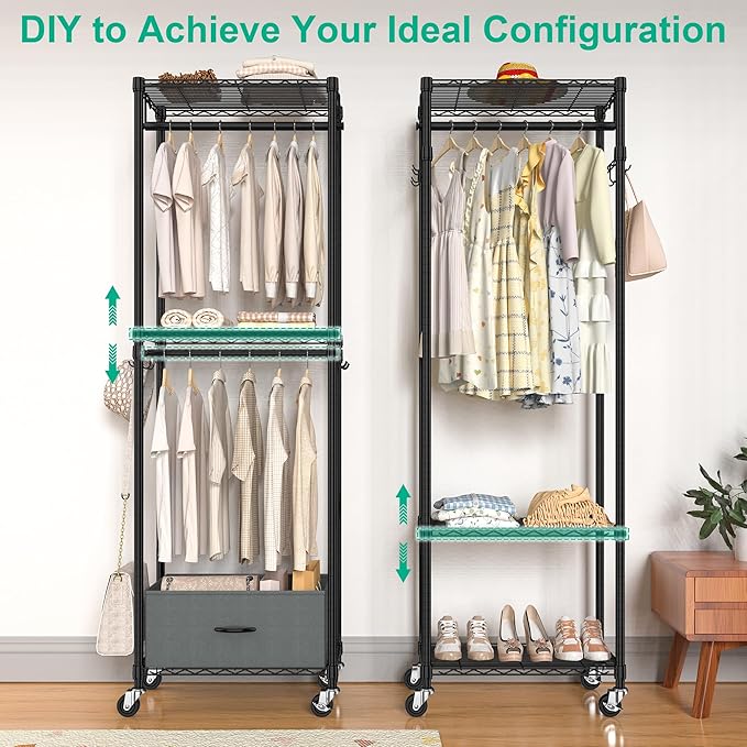 Freestanding Clothes Rack with Drawer, 3 Tier Rolling Garment Rack for Hanging Clothes, Metal Wire Shelving Wardrobe with Rods Portable Closet Organizer Clothing Shelf with Wheels, Black