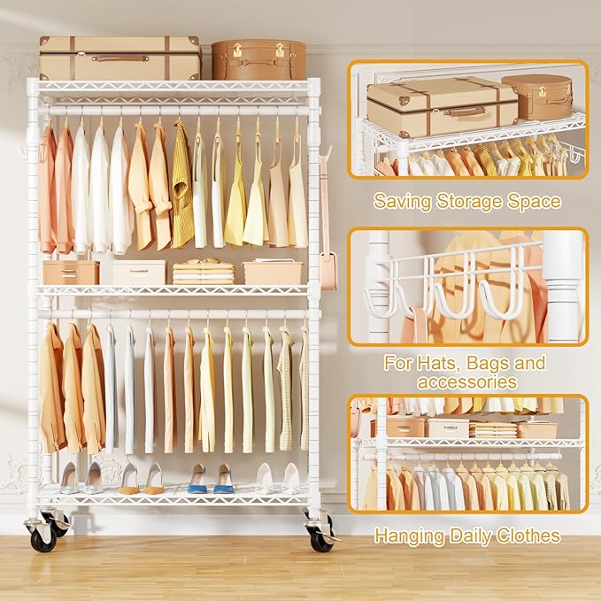 P1 Rolling Clothes Rack Heavy Duty, Metal Closet Clothing Rack with Lockable Wheels, Portable Wardrobe Closet for Hanging Clothes, 35.5" W x 15.7" D x 80.5" H, Hold 500lbs, White