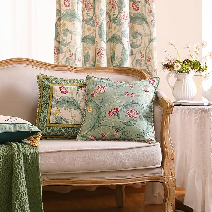 patdrea Designer Pack of 2 Square Throw Pillow Covers,French Vintage Rustic Linen with Green Floral Pattern Pillows Cover,Decorative Pillowcases Cushion for Bed Living Room Outdoor Car,18"x18"