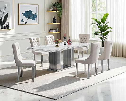 68" Faux Marble Dining Table Set for 6, 7-Piece Dining Set with White Silver Kitchen Table and 6 Velvet Tufted Chairs, Modern Rectangular Dining Room Tables with Column-Shape Stainless Steel Base