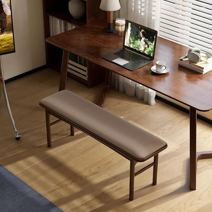 47.2'' Leather Upholstered Dining Bench with 100% Solid Oak Wood Bench Frame, Padded Bed End Bench Ottoman for Kitchen Living Room Bedroom Entryway, Champagne