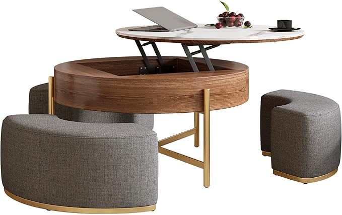 WILLIAMSPACE 31.5" Lift Top Coffee Table Set, Modern Round Marble Coffee Table with Storage & 3 Upholstered Nesting Ottomans, Accent Center Table for Living Room, Apartment