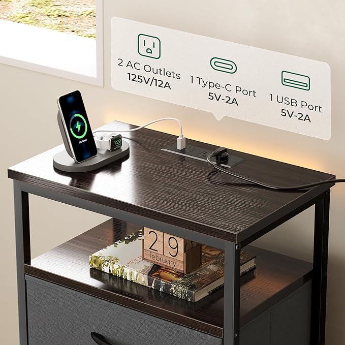 Huuger Night Stand with Charging Station, 4 Drawer Dresser for Bedroom, Bedside Table, 33.9 Inch Tall Nightstand with Open Shelf, End Table, for Closet, Entryway, Bedroom, Walnut