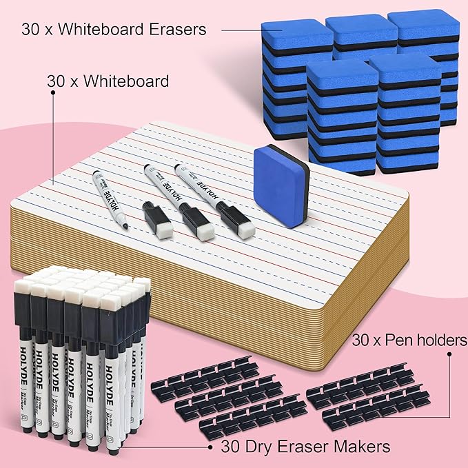 Set of 30 Dry Erase Boards, Double Sided Small Whiteboards with Lines for Kids, Students, Teacher & Classroom Pack, 9"x12" Mini Individual White Boards Lined for Writing with 30 Makers, 30 Erasers