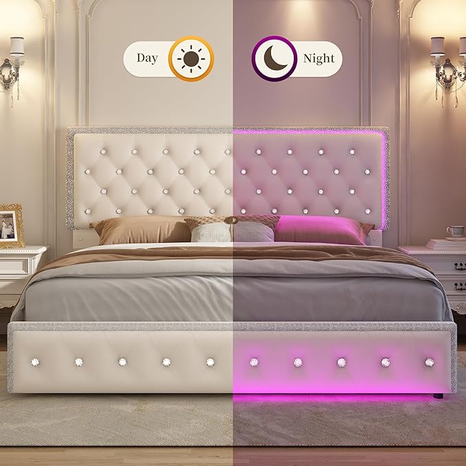 Full LED Bed Frame with 2 Drawers, Storage Platform Beds with Upholstered Crystal Button Tufted Headboard Footboard, 2 Side Pockets, No Box Spring Needed, Velvet Cream