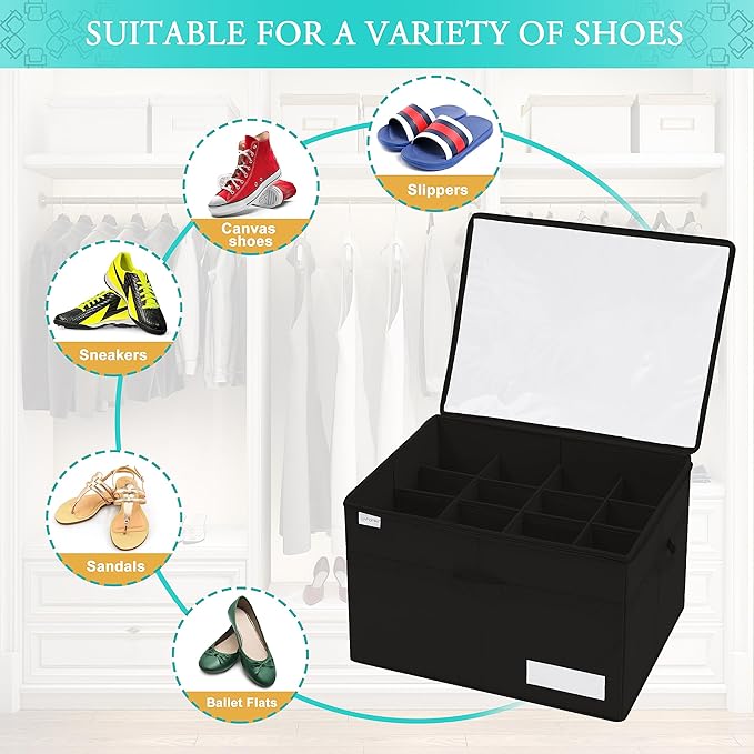 Luvhomee Shoe Storage Organizer, Fits 16 Pairs, Large Shoe Organizer Box for Closet, Clear Foldable Shoes Containers w/Bottom Support, Space Saving Shoe Cubby Storage Boxes w/Reinforced Handles, Black