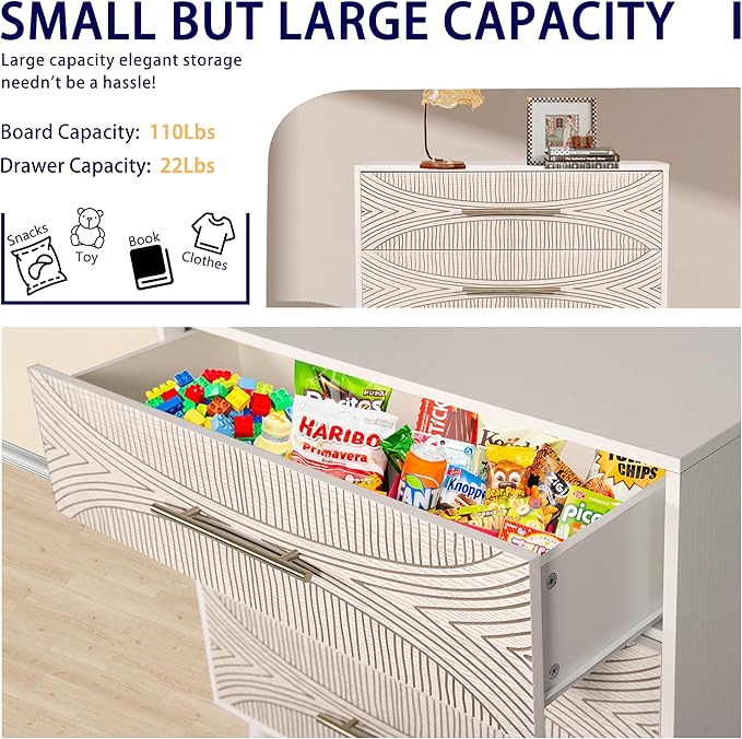 3 Drawer Dresser, White Wooden Dresser with Metal Handles, Bedroom Storage Organizer, TV Stand, Entryway Furniture, Texture Beige