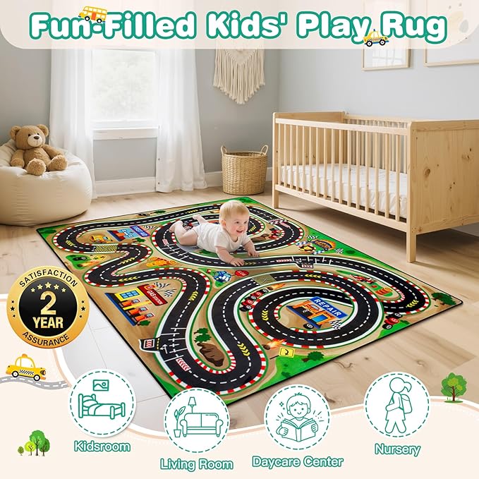 Kids Rug, Race Track Baby Play Mats, 5' x 7' FT Kids Rug for Playroom,Extra Thick (0.4in) Realistic 3D Cascading Surround Route, Great for Playing with Cars and Toys, Non-Slip Car Carpet