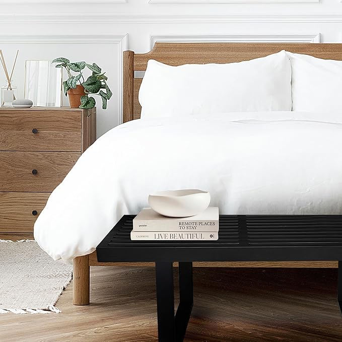 Bamboo Nelson Slat Wooden Bench, Small Wood Benches for Entryway, Living & Dining Room, Kitchen, Bedroom, Bathroom, Hallway, Front Door, for Indoor & Outdoor Patio Use, Mid Century Modern Decor