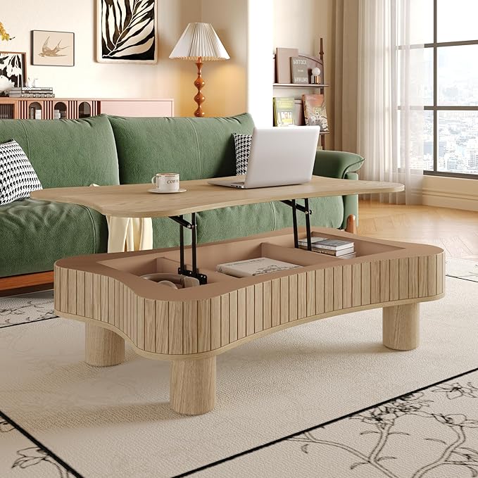 42.5'' Modern Lift Top Coffee Table for Living Room, Solid Natural Wood Center Table, Fluted Panel Design, Storage Compartments, 42.5x27.2 Inch Surface, Hydraulic Lift Mechanism, Easy Assembly